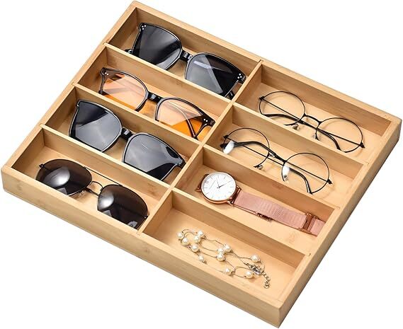 Natural bamboo sunglasses box, glass top, storage tray, display organizer case.