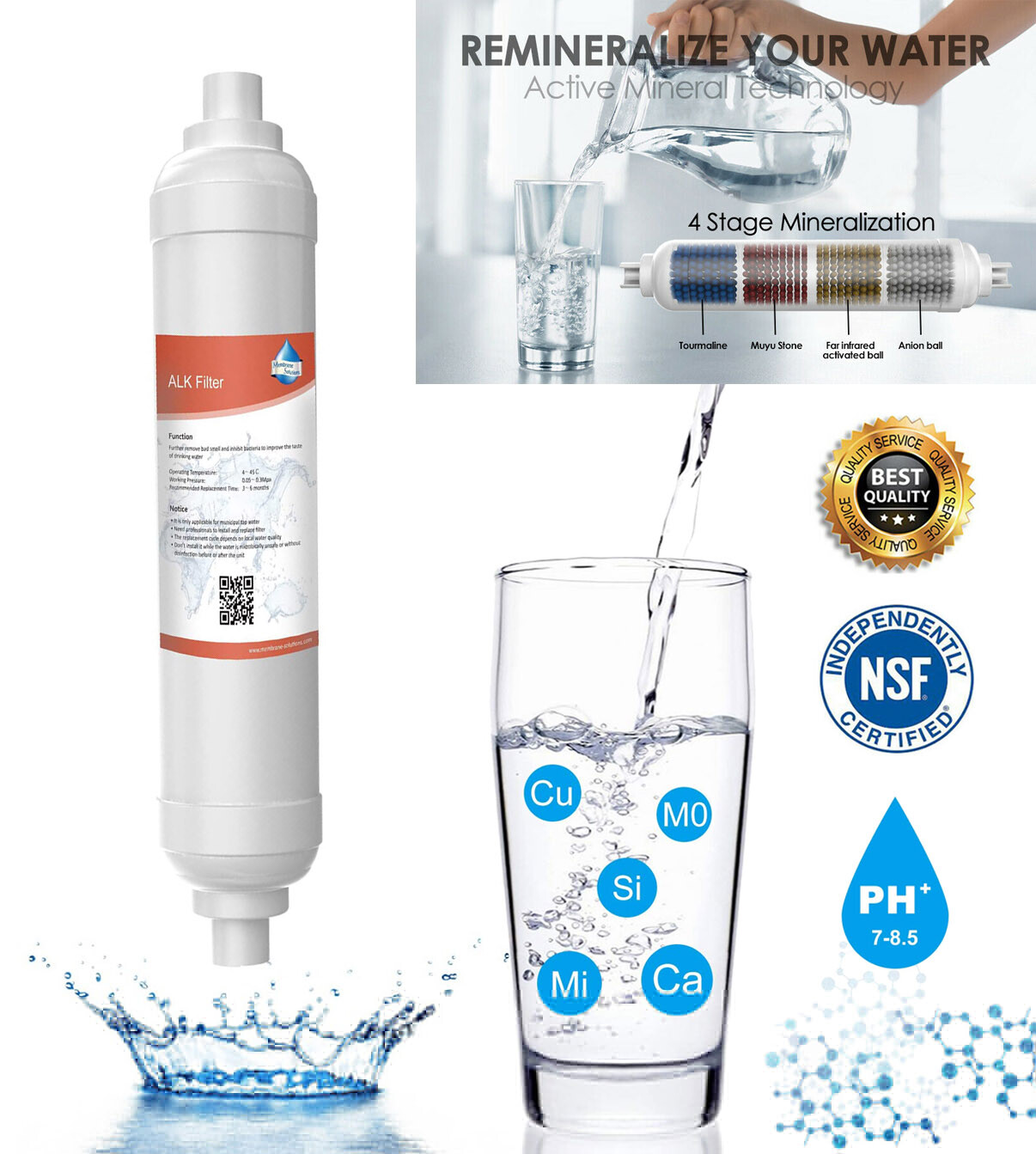 10"pH+ Inline Alkaline Water Filter Replacement for 6Stage GE iSpring