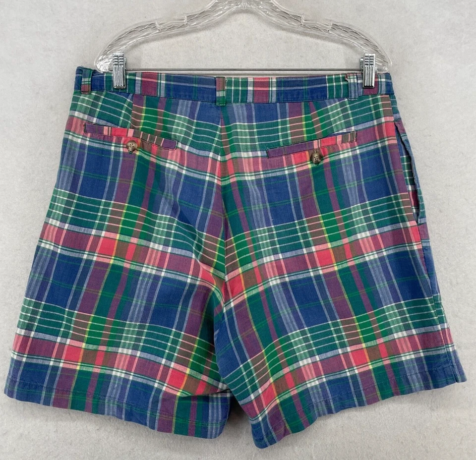 GEOFFREY BEENE Shorts Mens 36 Chino 6" Madras Plaid Pleated Cotton Blue Green - Image 3 of 4
