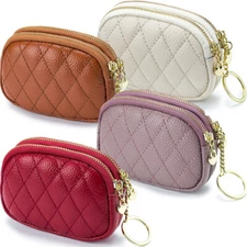Coin Purse Pouch for Women, Genuine Leather Mini Cash Wallet with Keychain Ring