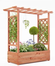 Elevated Wooden Garden Bed with Trellis - 45 Inch Planter Box with Side