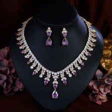 Elegant Gold Plated CZ Women Purple Drop Necklace Earrings Pageant Jewelry Set