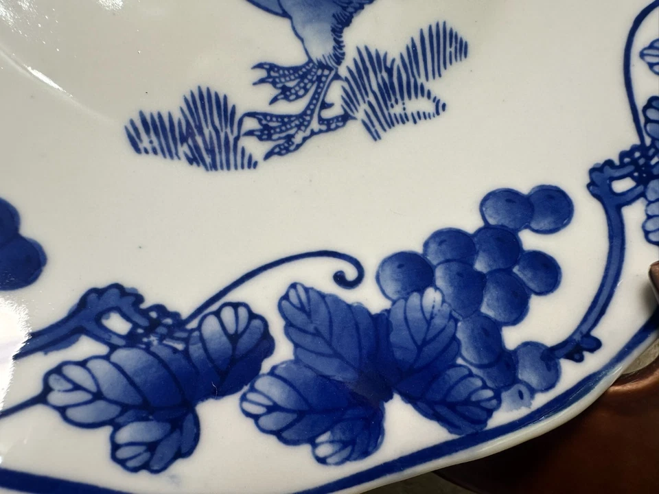 Chinoiserie Blue & White Serving Bowl 9” Rooster Grapevines French Country Mint - Image 2 of 4