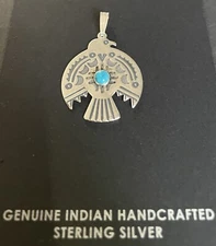Navajo Sterling Silver Turquoise Stamped Thunderbird Pendant