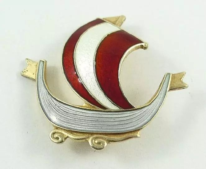 Vintage Aksel Holmsen Norway Gilt Sterling Silver Enamel Viking Ship Brooch