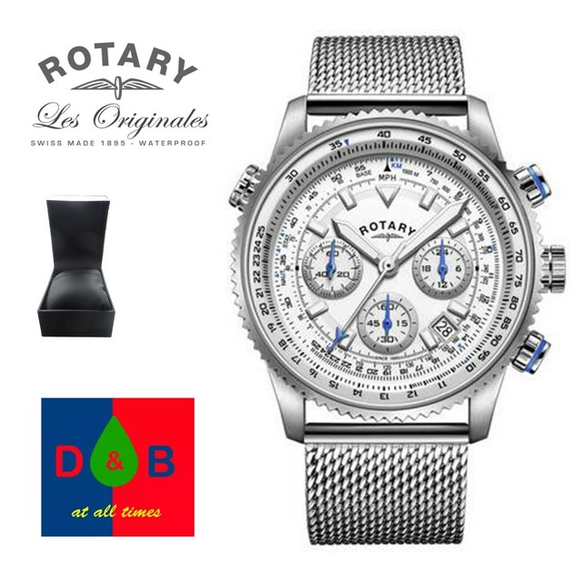 rotary men's stainless steel mesh bracelet pilot style watch