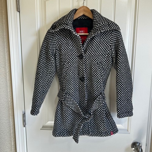 Edc Youth by Esprit Wool Blend Belted Coat Jacket Black White Size S - Picture 2 of 7
