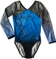 GK Elite Dreamlight Competition Leotard Crystals Adult XS Blue Black Foil LS AXS