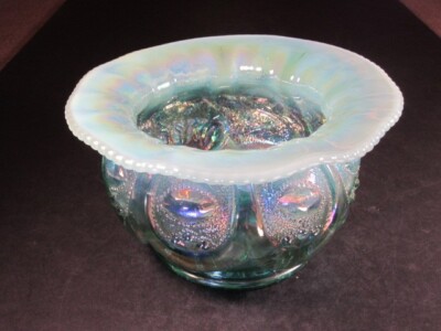 Fenton Singleton Bailey Farmyard Jeweled Heart Aqua Opal Carnival Glass Spittoon