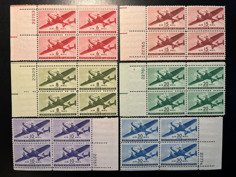 24 US Air Mail Stamps # C25 C26 C27 C28 C29 C30 6 Plate Blocks MNH SEE IMAGES!!!