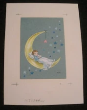 NEW BABY Cute Boy w/ Bottle in Cresent Moon 5.5x8" Greeting Card Art #J1844