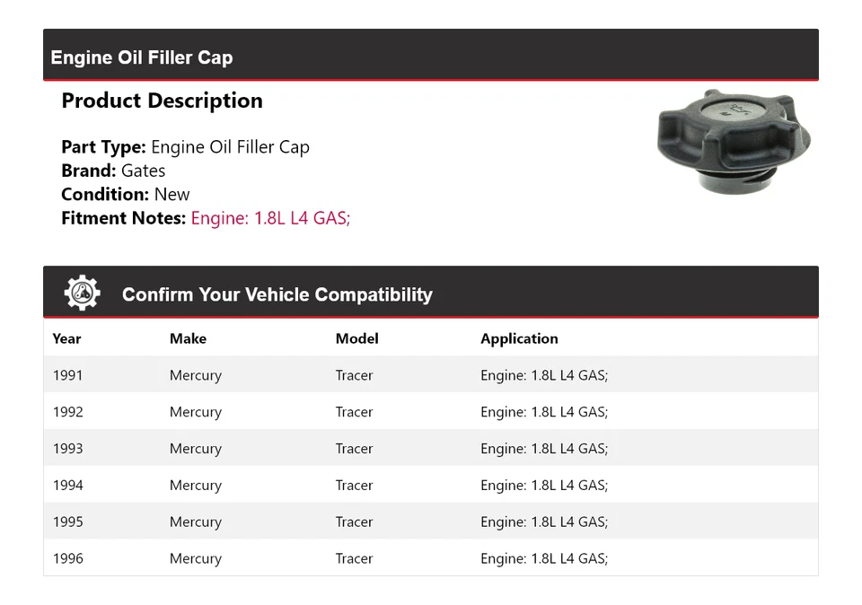 For 1991-1996 Mercury Tracer 1.8L L4 GAS Engine Oil Filler Cap Gates 1992 1993 - Image 2 of 4
