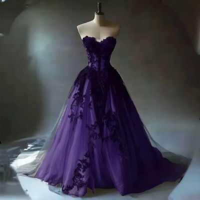 Purple Black Gothic Wedding Dress Sweetheart Strapless Long A-Line Bride Gown 
