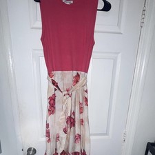 Pink Beige Floral Maxi Dress Round Neck Long Sleeveless Tie Belted Pullover S