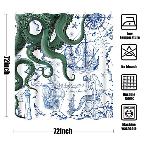 Nautical Octopus Shower Curtain Navy Blue Mermaid 72"W x 72"L (Pack of 1) Green - Picture 7 of 7