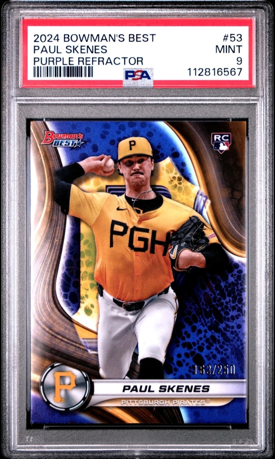 Paul Skenes PSA 9 BOWMAN'S BEST PURPLE 2024 REFRACTOR #53 ROOKIE RC #'d /250