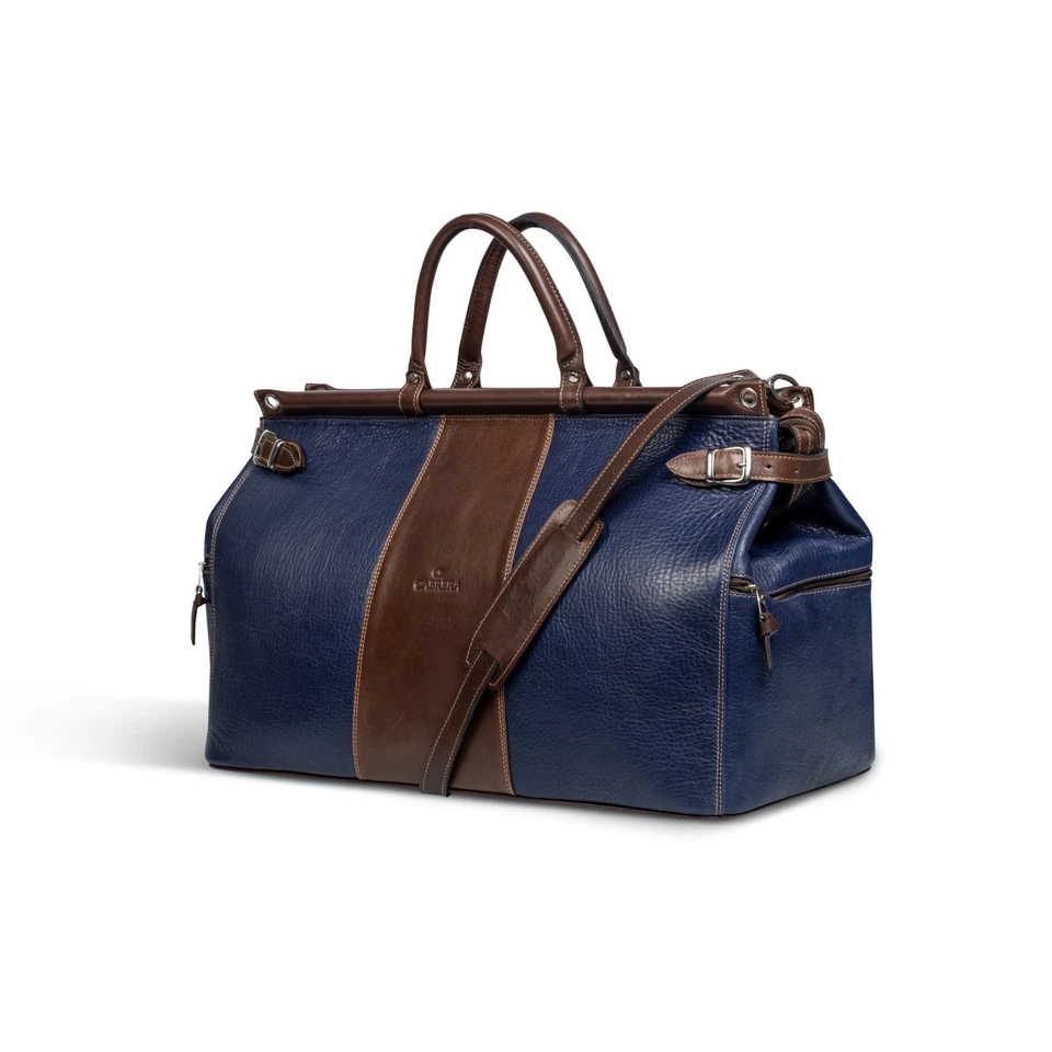 Cabrera Designer Leather Duffle Bag Blue Brown Weekend Travel Carry On - Image 2 of 4