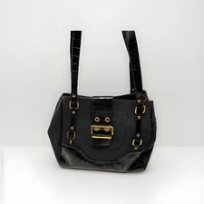 Guess Black Monogrammed Shoulder Bag Buckle Detail Faux Croc Trim Satchel Y2K