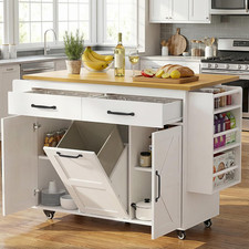 Kitchen Island on Wheels with Trash Cabinet, 56" Mobile Cart with Drop Leaf and