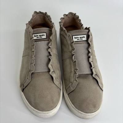 Kate Spade Lance Women s Sneakers 8.5 Suede Leather Slip On Ruffle Taupe Gray