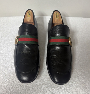 Gucci Men's Black Leather Loafers Green/Red Web GG Logo Slip-On US 11.5