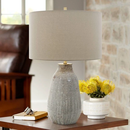Rustic Table Lamp 25 1/2" High Brown Gray Ceramic Off White Drum Shade Bedroom - Picture 1 of 5
