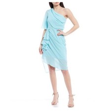 Badgley Mischka Blue Cocktail Dress Chiffon One Shoulder Midi Sheath Size 12