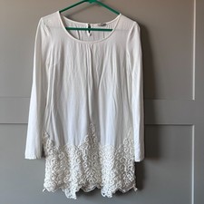Ecote Mini Tunic Dress/Top Long Sleeve Scoop Neck Ivory Lace Trim Relaxed Small