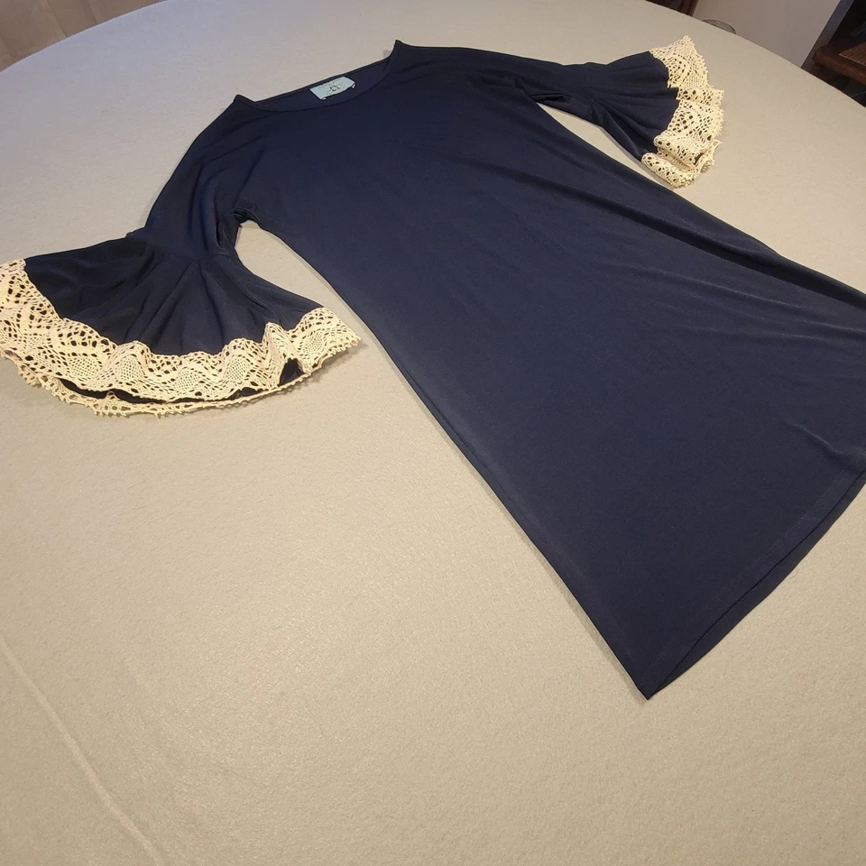 Judith March Dress Bell Sleeve Crochet Trim Shift Knit Women's Large Navy Cream - Image 3 of 4