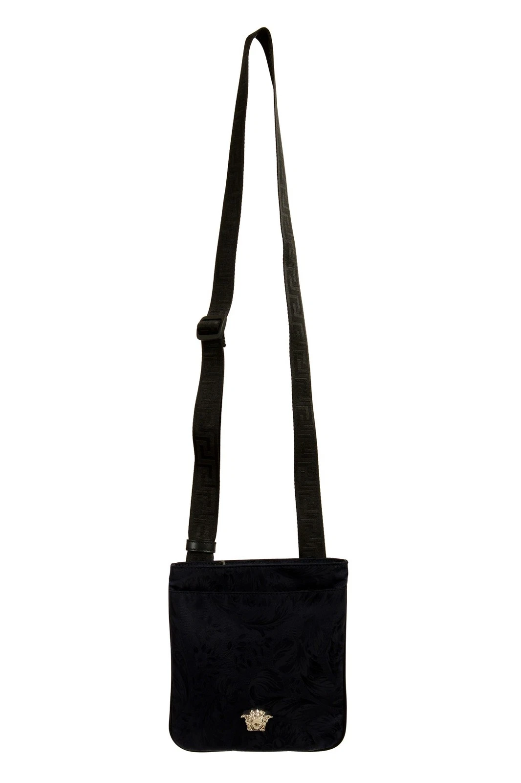 Versace — Versace Navy Heritage Print Silver Medusa Flat Fabric & Leather Crossbody Bag
