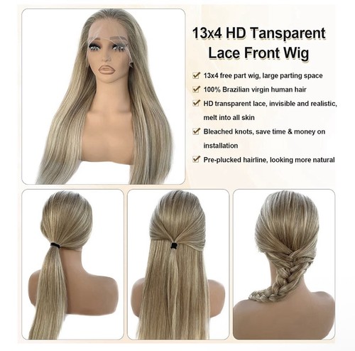 13x4 Lace Front Human Hair Wig Straight Blonde 21-30in Free-Part Pre-Plucked