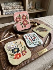 Handmade Ceramic Tiles Set Vintage Hand-Painted Pottery Arabic Calligraphy Decor
