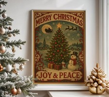 Vintage Christmas Poster Merry Christmas Wall Art, Joy and Peace Holiday Print