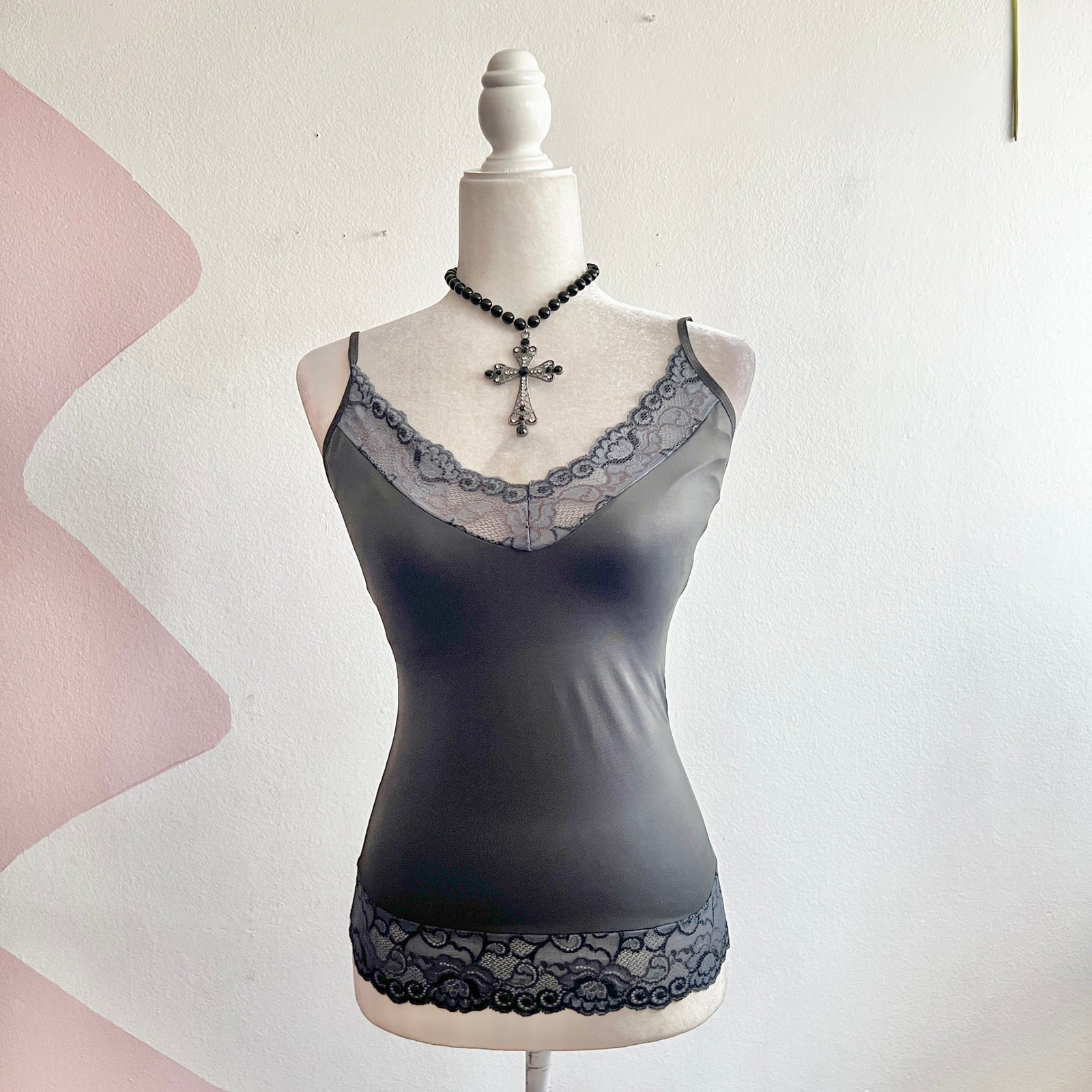 Y2K Lace Trim Tank Top 2000s Indie Sleaze Grunge Retro Gray Small
