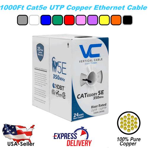 1000Ft Cat5E Vertical Cable Solid CMR Bare Copper Bulk Ethernet Cable - 9 Colors - Picture 1 of 13