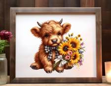 Cow Wall Art Print, Cute Cow With Flowers Art Print, Farmhouse Wall Art Decor