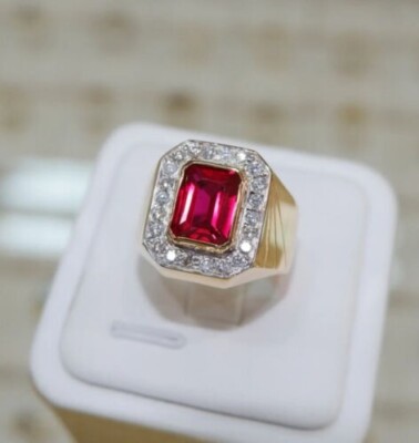 Men's 3.5Ct Princess Created Red Ruby Halo Wedding Ring 14K Yellow Gold Plated
