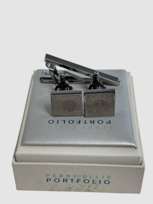 Perry Ellis Portfolio Men's Black Grid Tie Bar & Cufflinks Set.