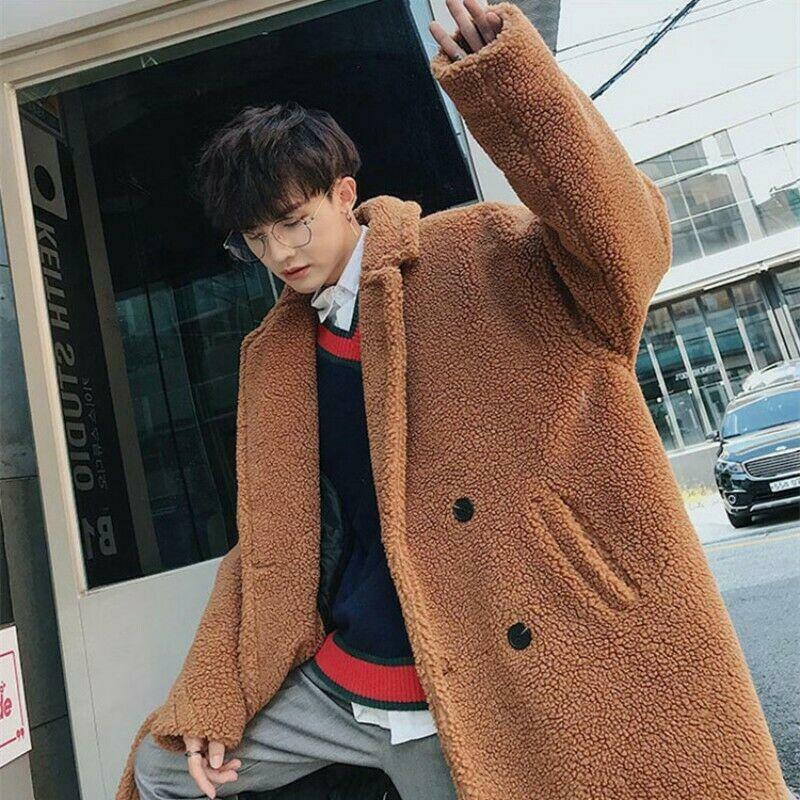 Men's Thicken Overcoat Shearling Lapel Fleece Jacket Faux Trench