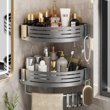 Wall Mounted Bathroom Shelves Shower Corner Shelf with Towel Bar Hook Space Alum