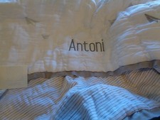 Pottery Barn Kids crib linen crib embroidered stripe quilt monogrammed Antoni