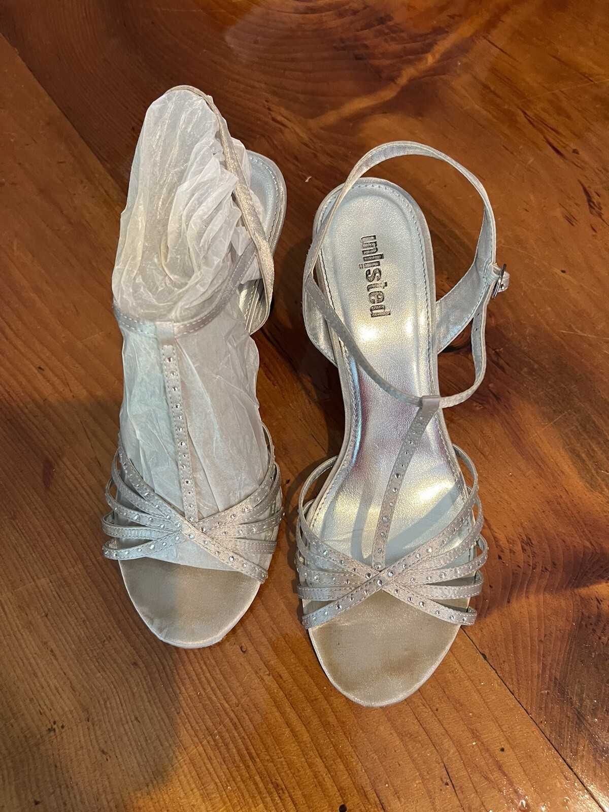 Heels Y2K Unlisted Kenneth Cole Satin Silver Rhinestone Strappy Sandal Heels-image