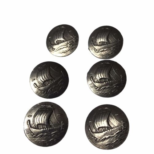 Set Of Six Vintage Norwegian Viking Ships Silver Nordic Sweden Sweater Buttons - Picture 1 of 4
