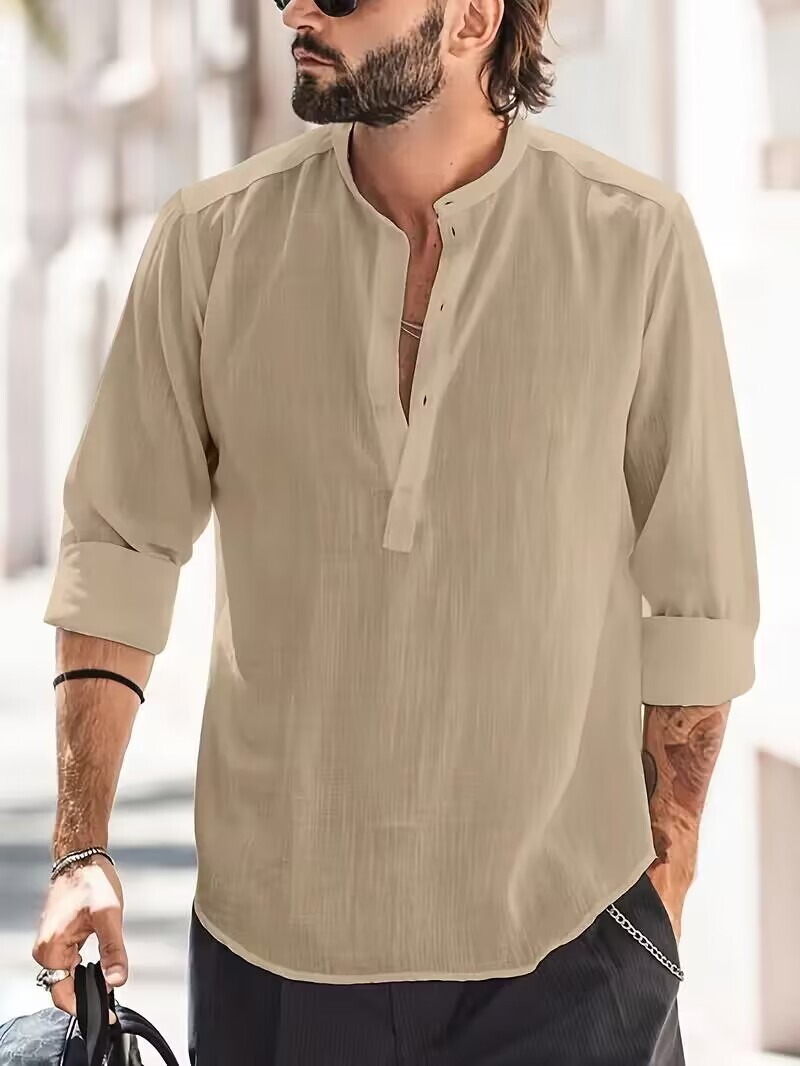 Men's Vintage 100% Cotton Henley Casual Top Boat Neck Long
