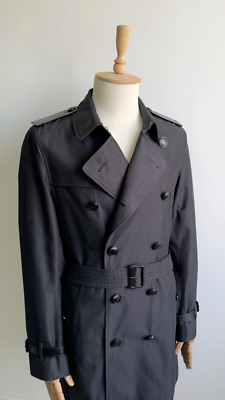 Authentic Men's BURBERRY Cotton Trench Coat Leather Trim Gray 48