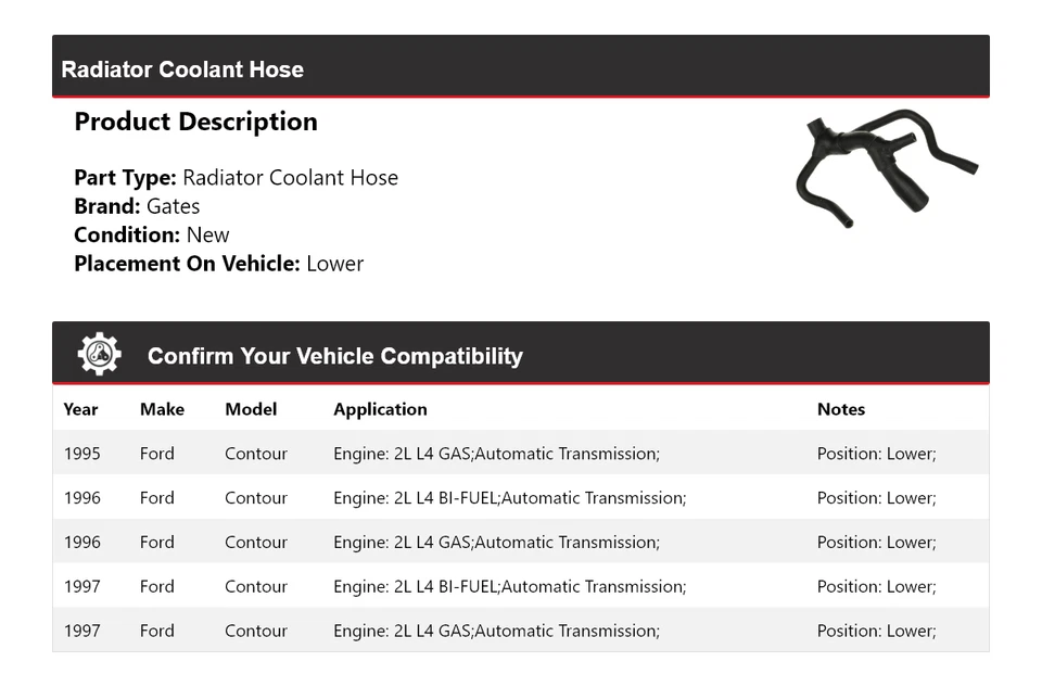 Manguera de refrigerante de radiador Ford Contour 1995-1997 puertas inferiores 1996 Foto 2 de 4
