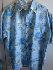 Ho Aloha  Mens Large  Hibiscus & Tiki's on Blue/Mint
