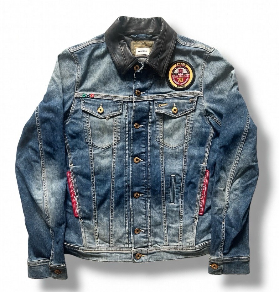 Diesel Electronic Distortion Denim Jacket Leather Collar Italy Y2K 2011 Archive