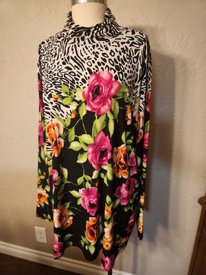Susan Graver 3X Liquid Knit Mock Turtle Long Sleeve Floral Animal Print Top