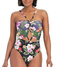 Bar III Women's Floral Keyhole One-Piece Swimsuit Navy Blue Size Large NWT